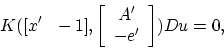 \begin{displaymath}
K([x' \ \ -1],\left[ \begin{array}{c}
A'\\ -e'
\end{array}\right])Du=0,
\end{displaymath}